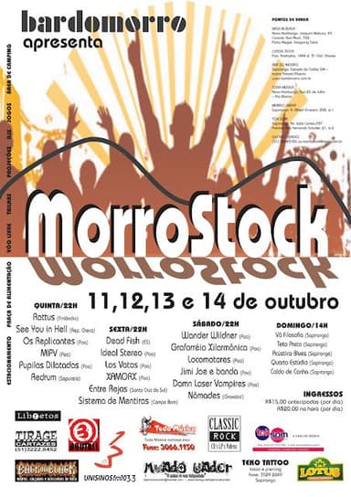 Cartaz do MorroStock 2007 com a silhueta do morro, a lista de bandas e as datas de 11 a 14 de outubro