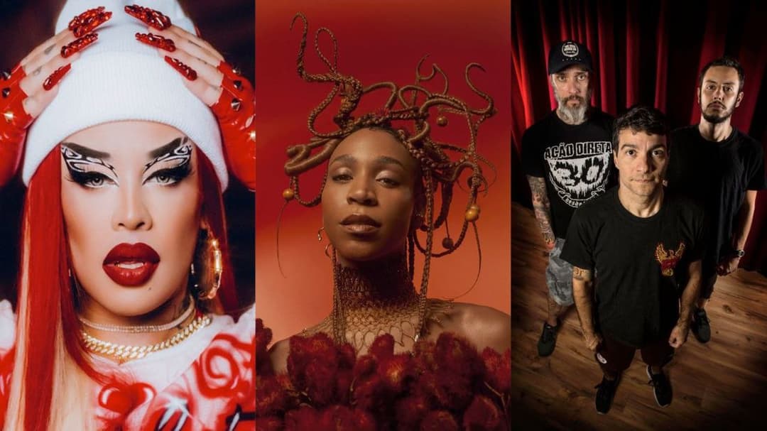 Montagem com três fotos: Gloria Groove de gorro branco e unhas vermelhas, Karol Conká com tranças enfeitadas e os três integrantes do Dead Fish