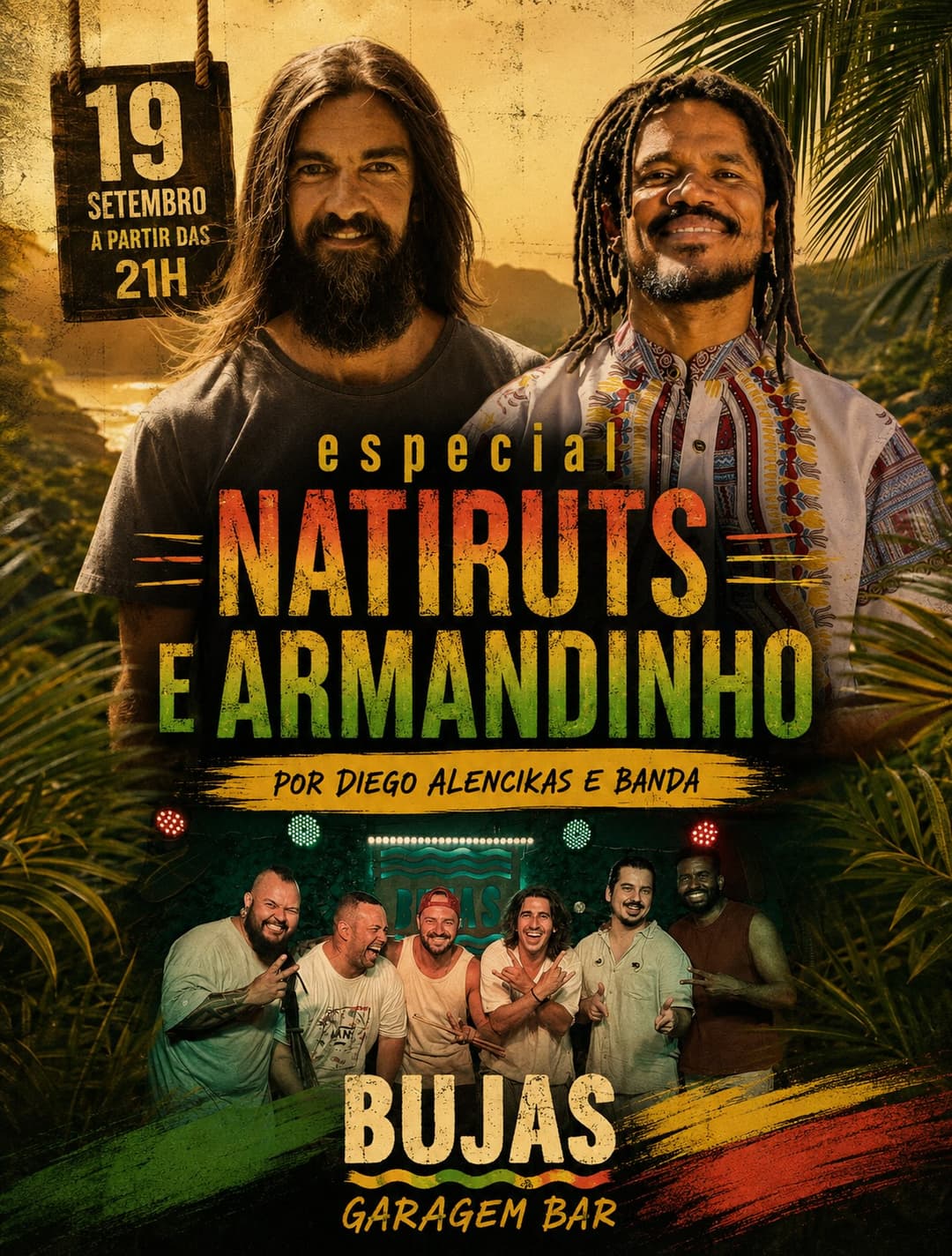 Flyer de Diego Alencikas e banda e Especial Natiruts e Armandinho