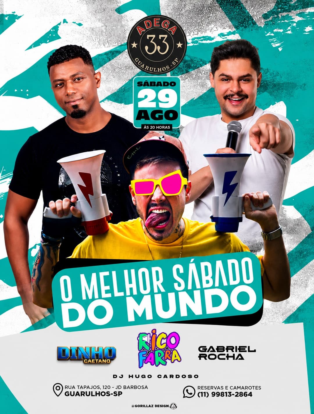 Flyer de Gabriel Rocha, Dinho Caetano e Rico Henrique