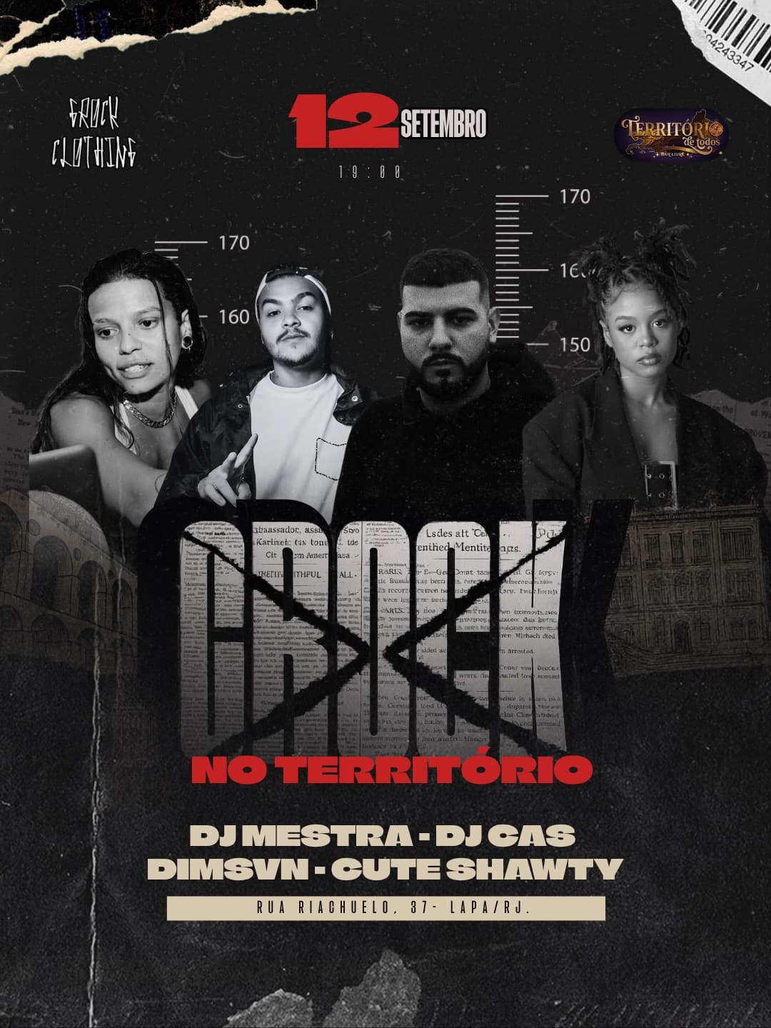 Flyer de GROCK CLOTHING, Cute Shawty, Dimsvn, DJ Mestra e DJ Cas
