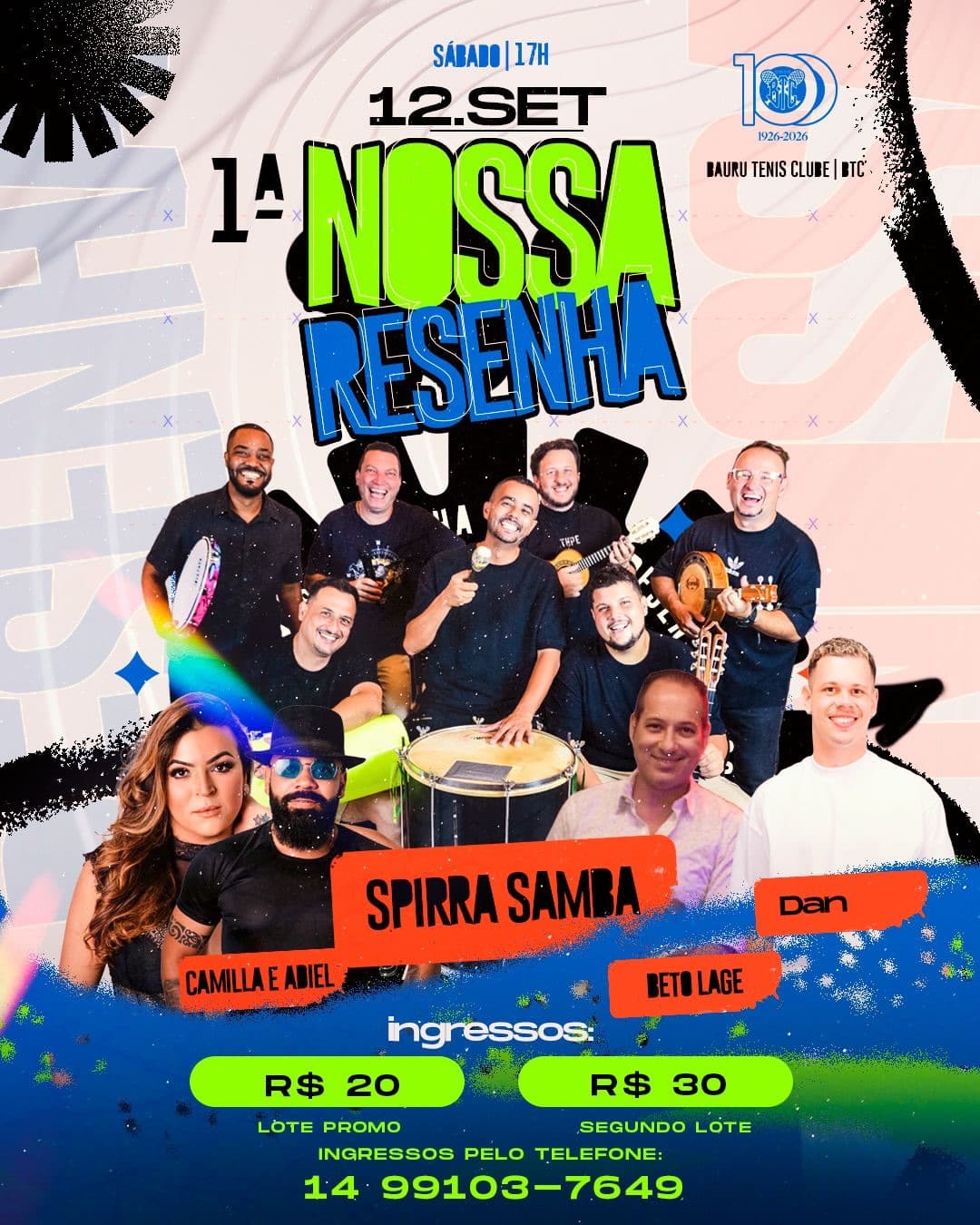 Flyer de Spirra Samba, Camilla e Adiel, Dan, Beto Lage e DJ B2C