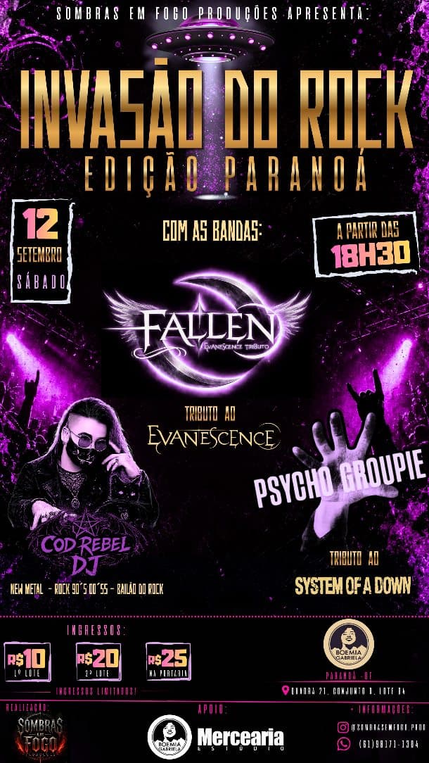 Flyer de Rebelde, Fallen Evanescence Tributo e mais 2 artistas