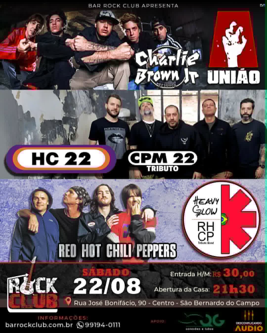 Flyer de HC 22 - CPM 22 Tributo, Heavy Glow - HRCP Tributo e A Uniãa Charlie Brown