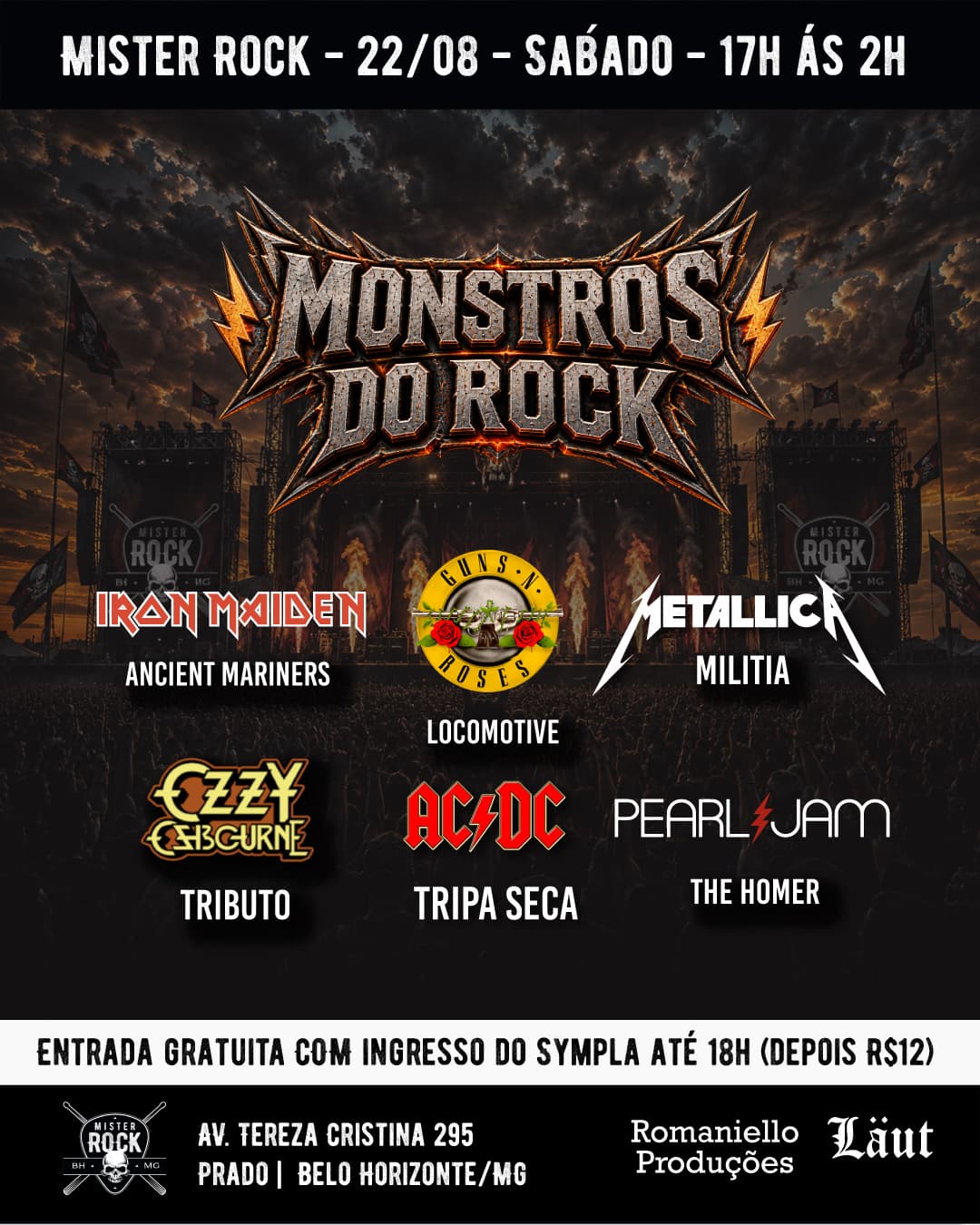 Flyer de Ozzy Tributo, Militia, Locomotive Guns Tributo, Tripa Seca, Ancient Mariners e The Homer