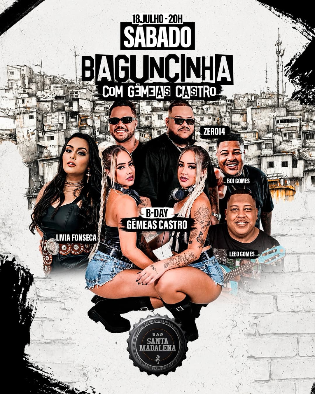 Flyer de Gêmeas Castro, Livia Fonseca, Zero 14 e mais 3 artistas
