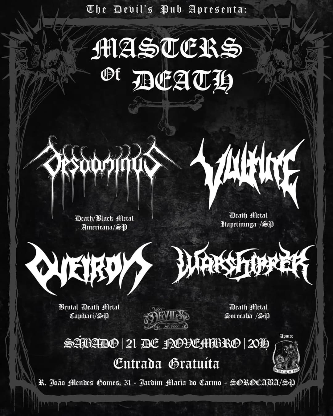 Flyer de Masters of Death, Warshipper e mais 3 artistas
