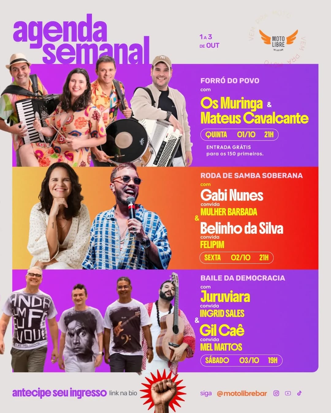 Flyer de Juruviara convida Ingrid Sales e Gil Caê convida Mel Mattos