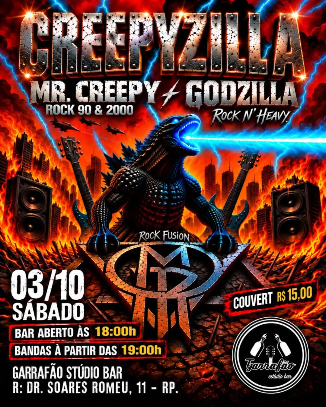Flyer de Banda Mr. Creepy e Godzilla Rock n' Heavy