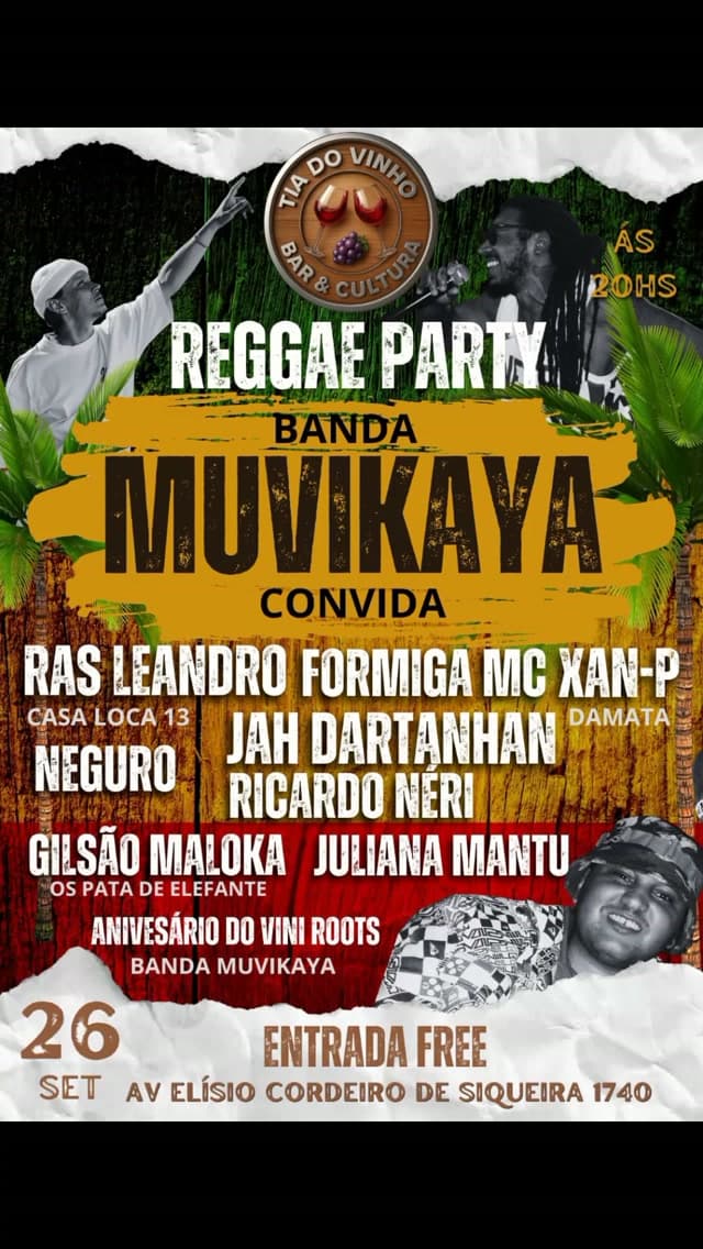 Flyer de Muvikaya, Ras Leandro e mais 5 artistas