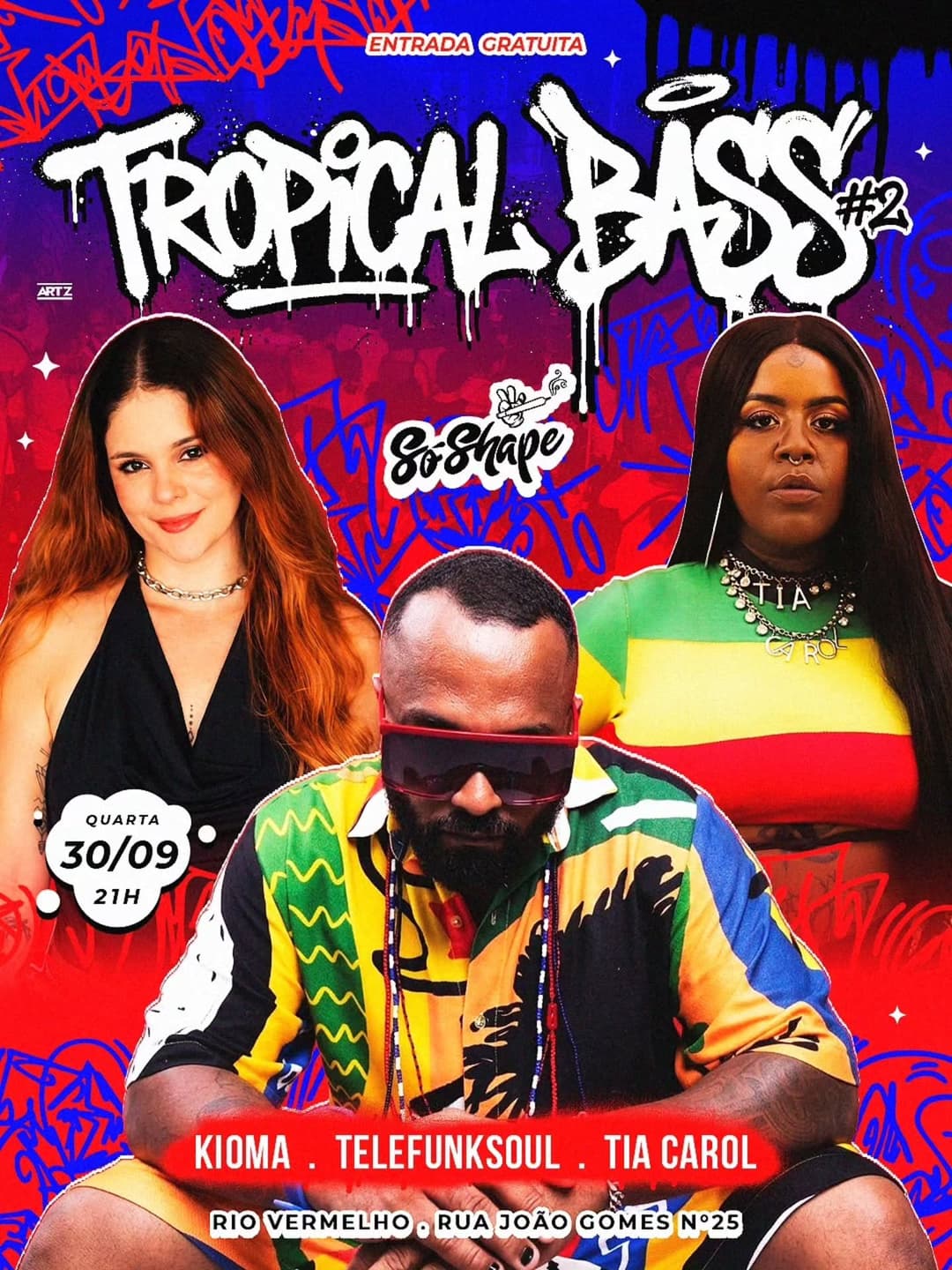 Flyer de Mauro Abreu, Tropical Bass, DJ Kioma e Tia Carol