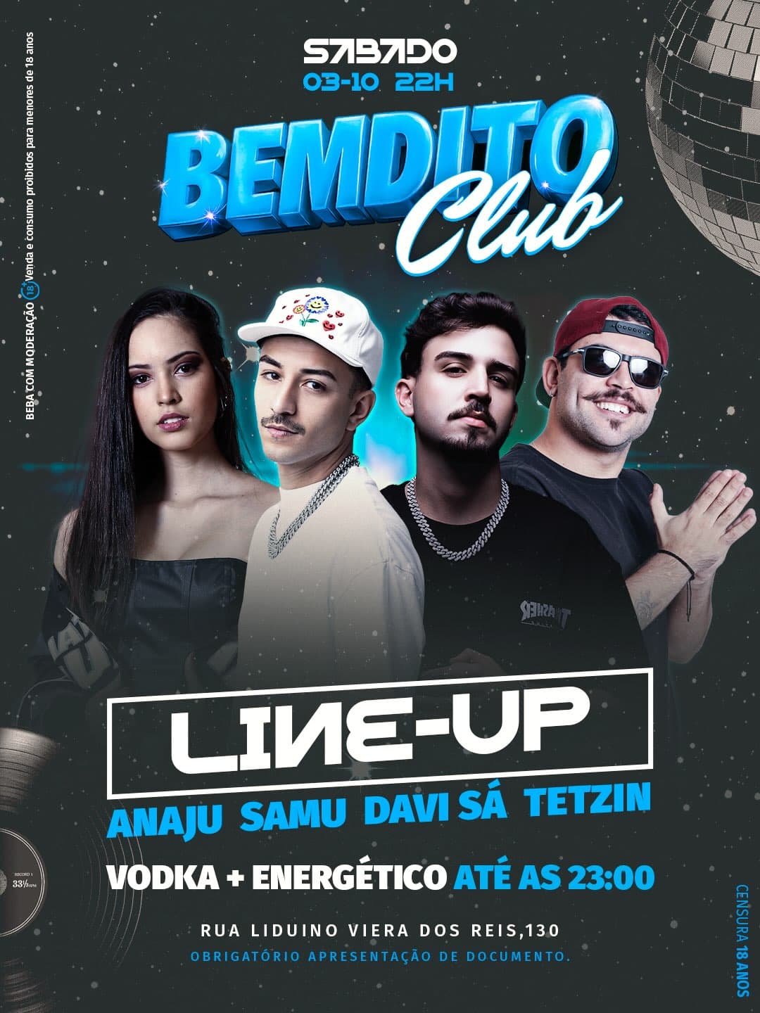 Flyer de Dj Samu, Dj Davi Sá, Dj AnaJu e Dj Tetzin