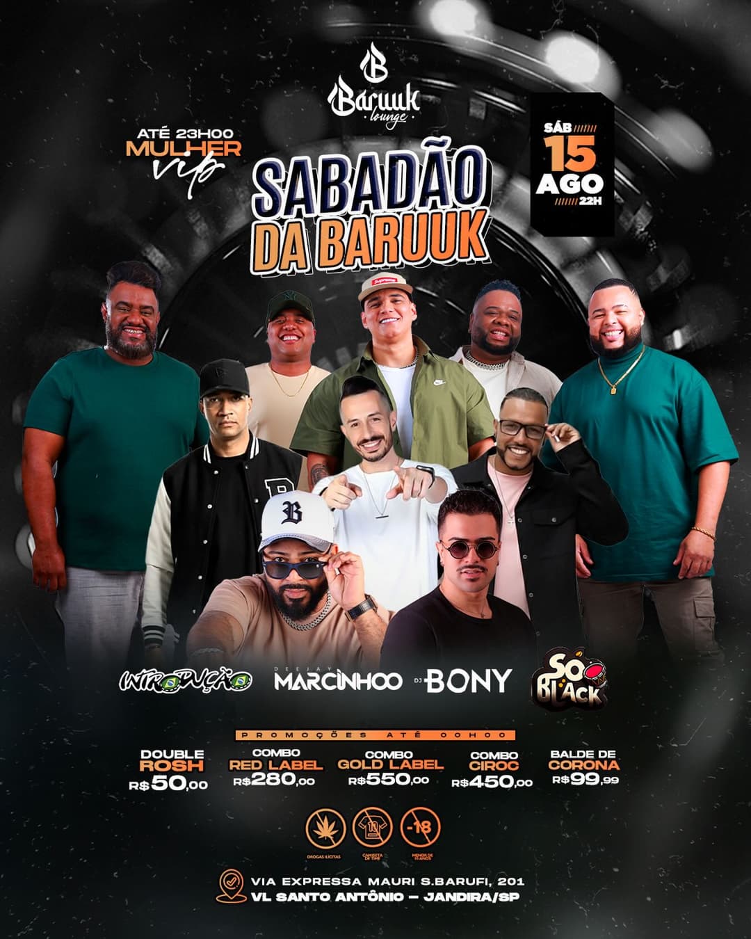 Flyer de Grupo Introdução, Grupo Só Black, DJ Marcinho e DJ Bony