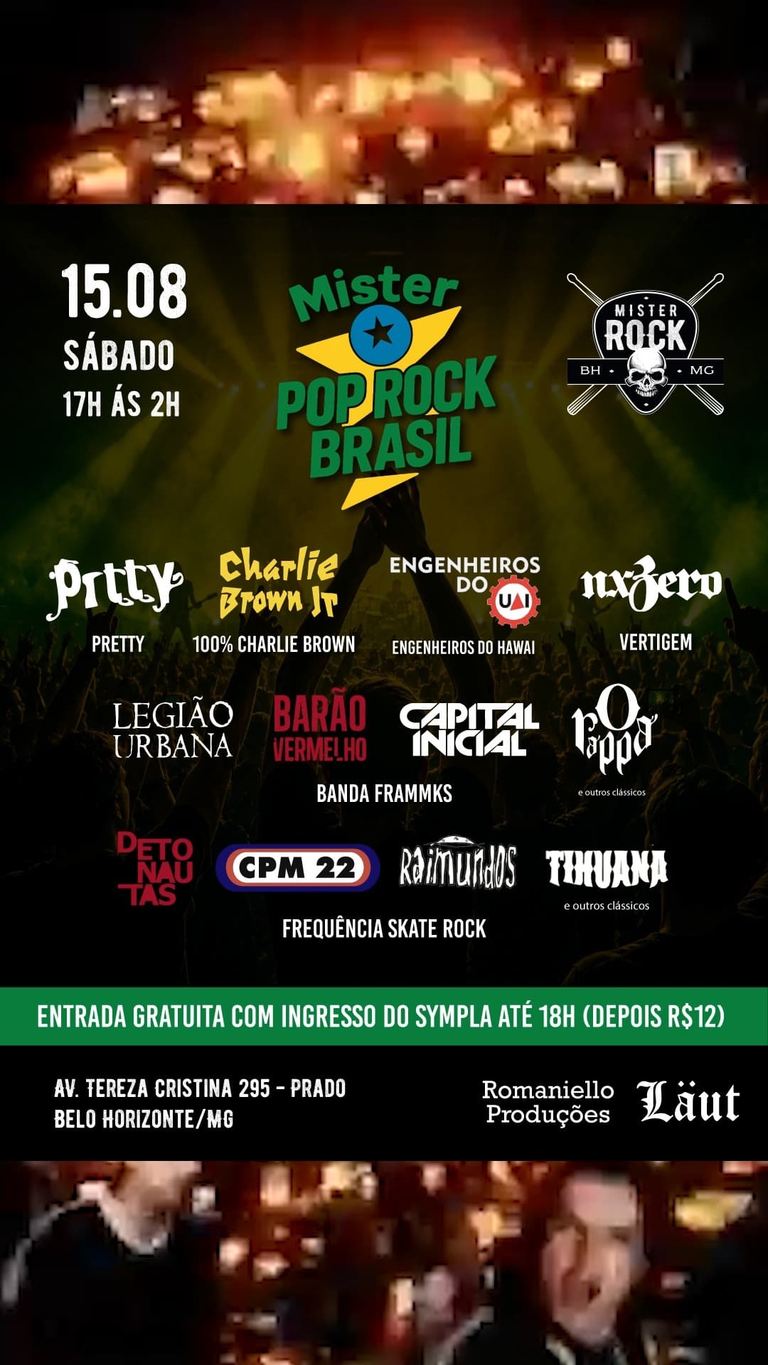 Flyer de Frank's, Frequência Skate Rock, 100% Charlie Brown, Pretty Pitty Tributo e Engenheiros do Uai
