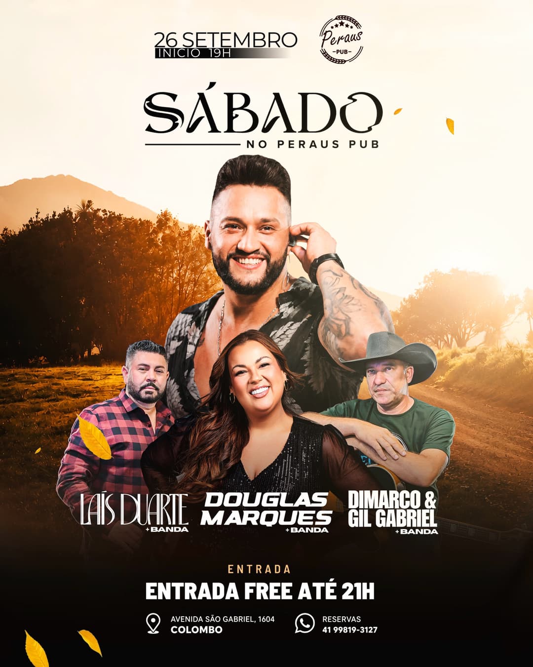 Flyer de Douglas Marques, Lais Duarte e Dimarco & Gil Gabriel