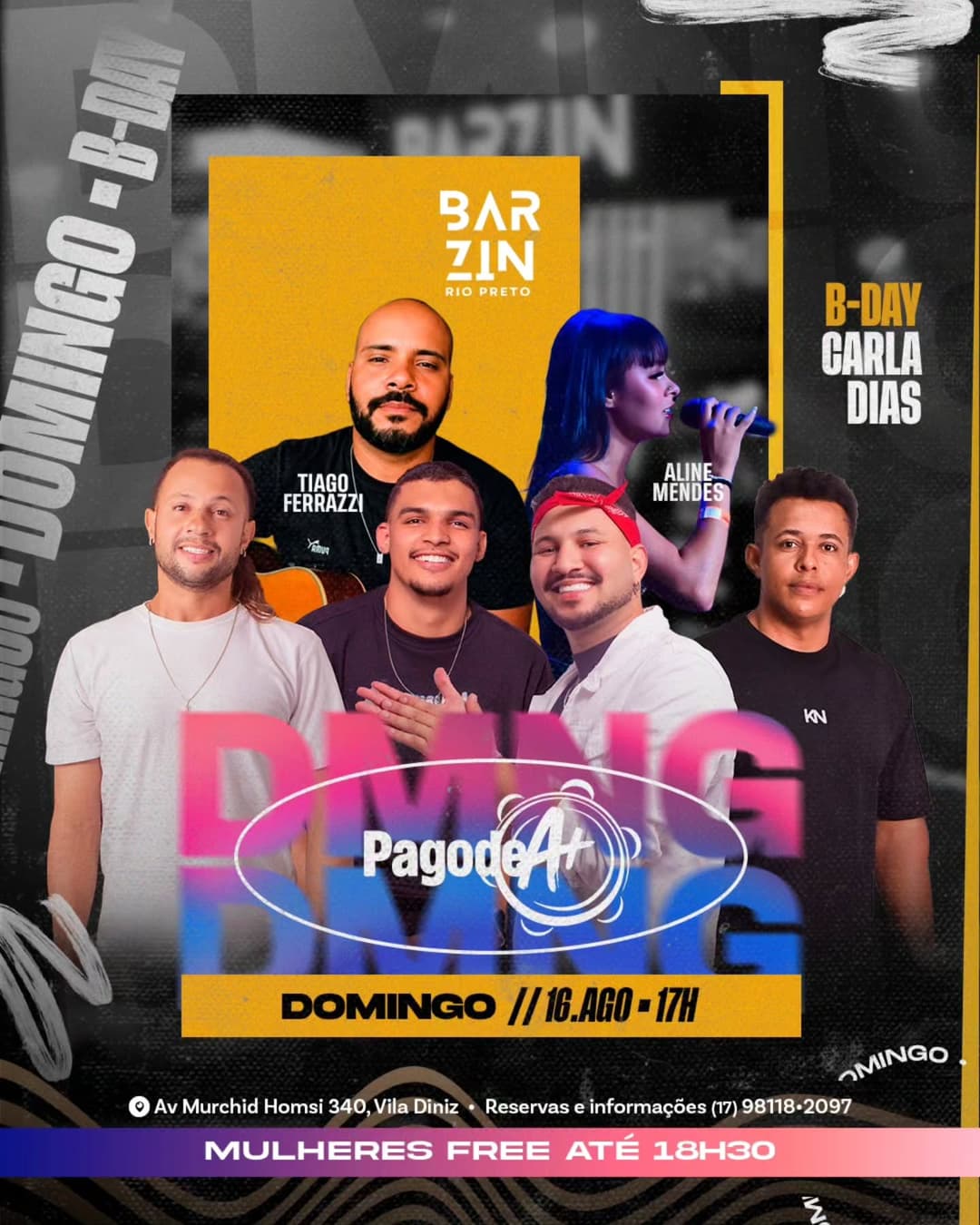 Flyer de Pagode A+, Tiago Ferrazzi e Aline Mendes