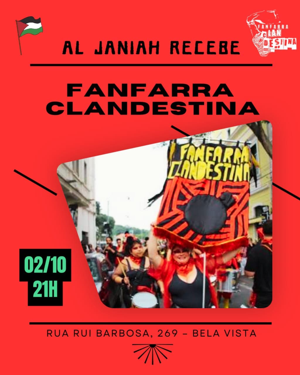 Flyer de Fanfarra Clandestina, Anna Oráculo e mais 2 artistas
