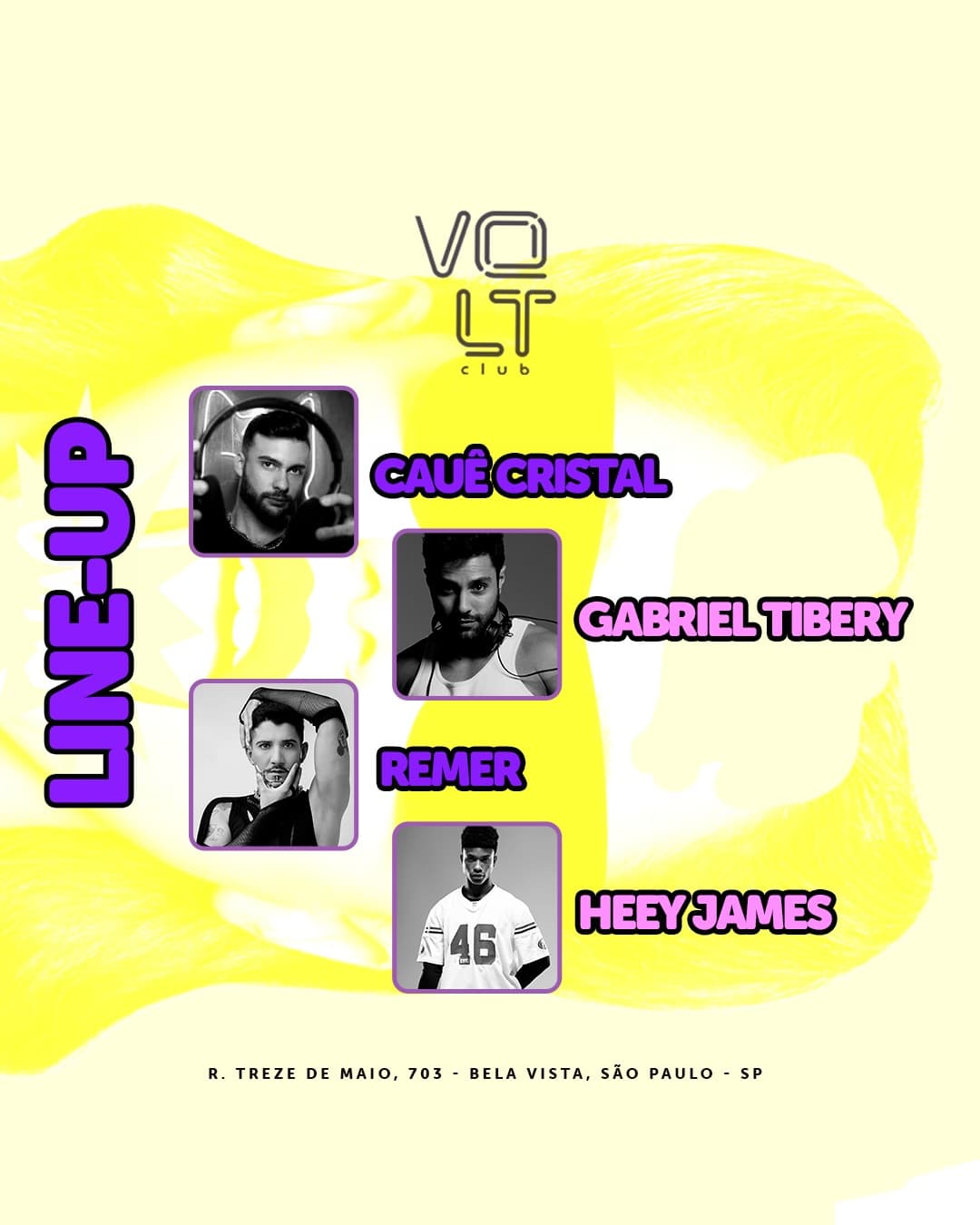 Flyer de James, Gabriel Tibery, Remer e Cauê Cristal