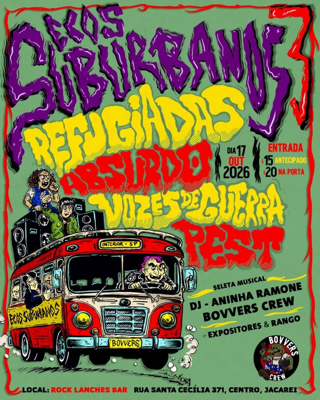 Flyer de Refugiadas Punk, Absurdo, Bovvers Crew, Vozes de Guerra, Pest e Aninha Ramone
