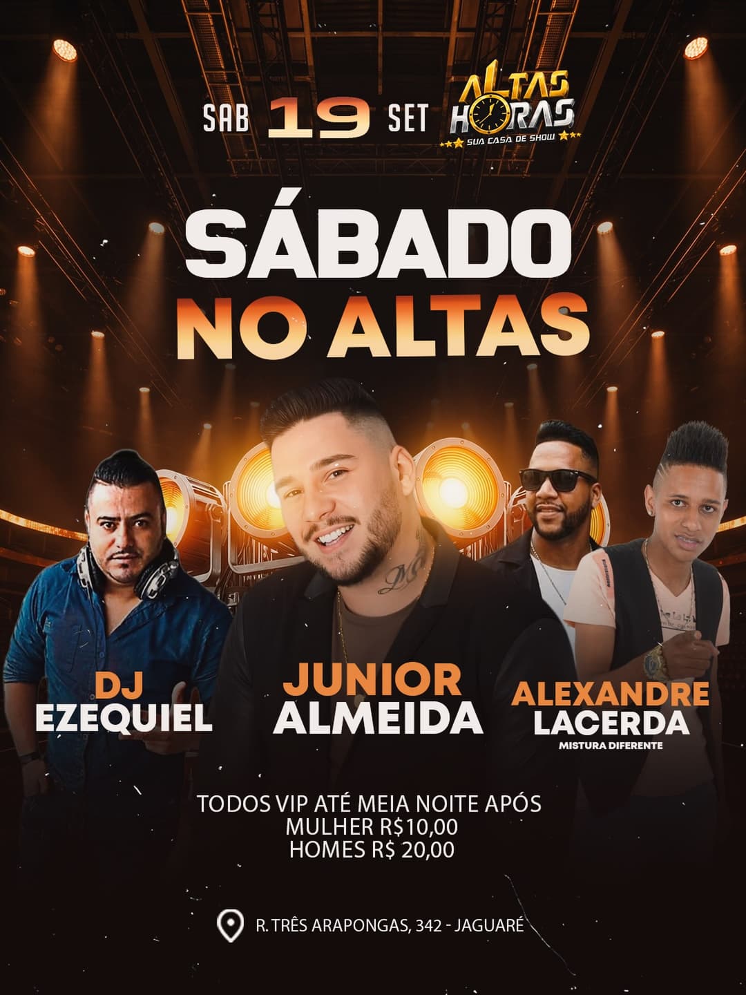 Flyer de Junior Almeida, DJ Ezequiel e Alexandre Lacerda