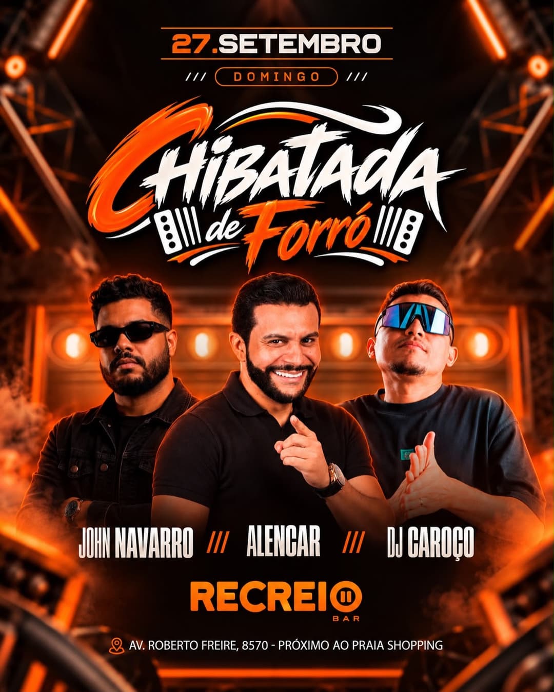 Flyer de Alencar, John Navarro e DJ Caroço