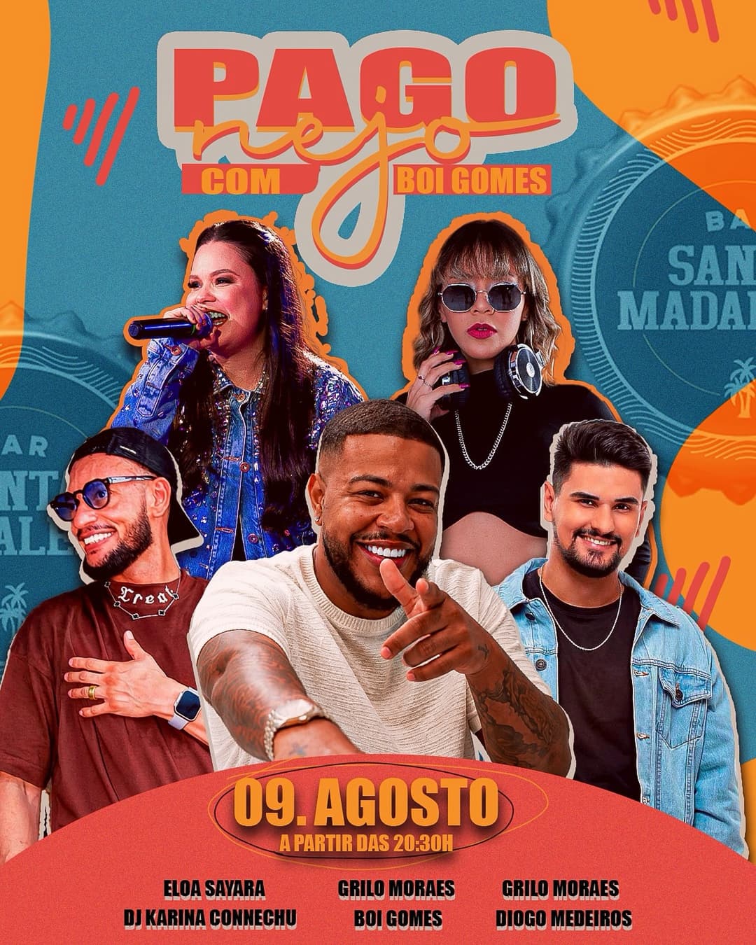 Flyer de Boi Gomes, Eloá Sayara, Grilo Moraes e mais 2 artistas
