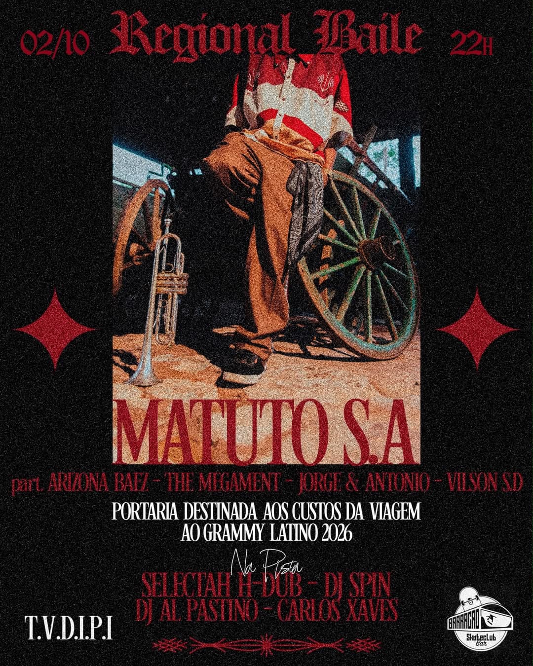 Flyer de Matuto S.A., Dj Spin, Arizona Baez e mais 4 artistas