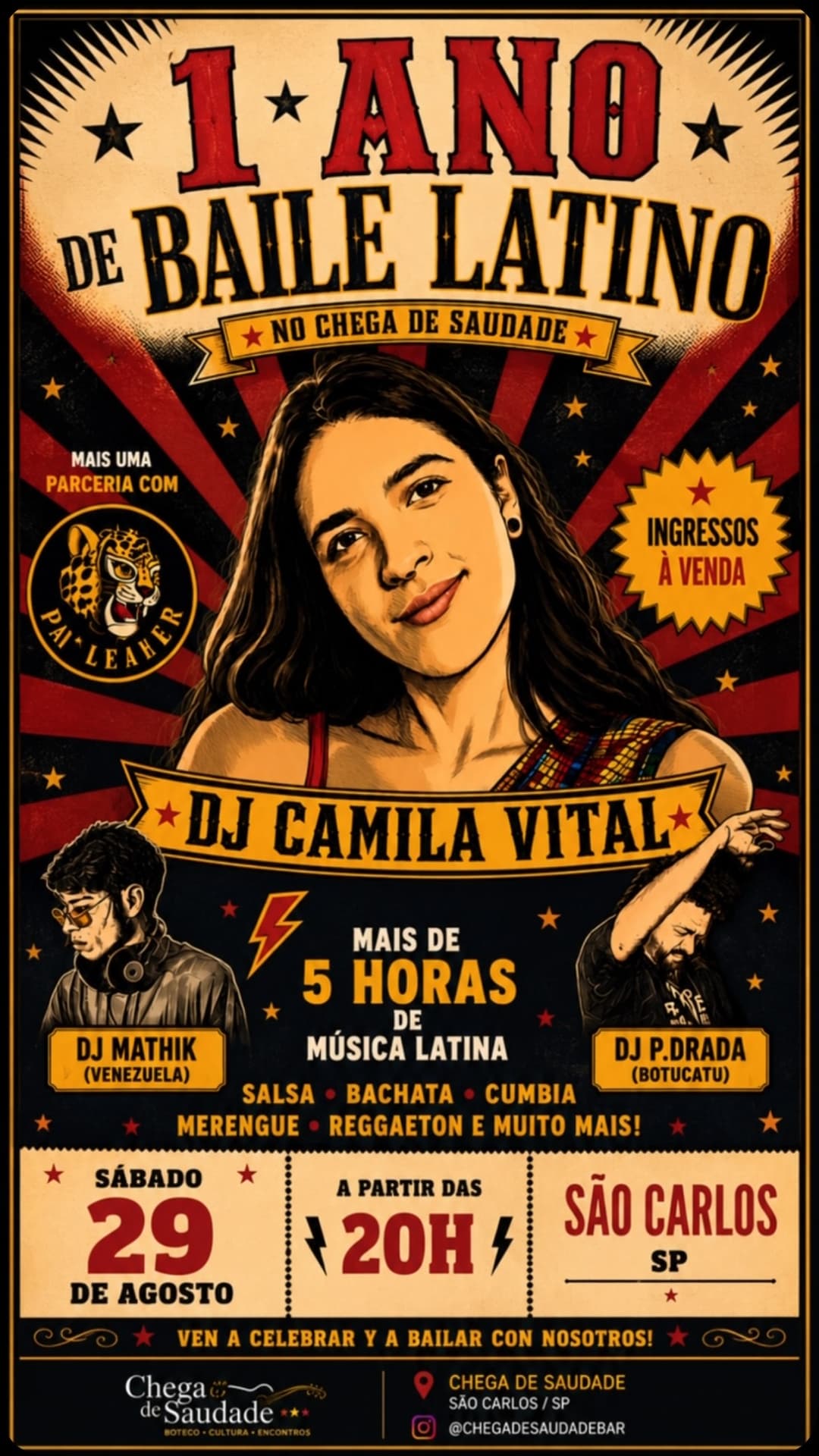 Flyer de DJ Camila Vital, DJ Mathik e DJ P. Drada