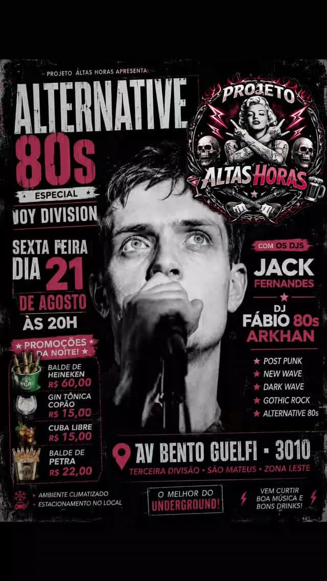 Flyer de DJ Jack Fernandes, DJ Fábio 80s Arkhan e Especial Joy Division