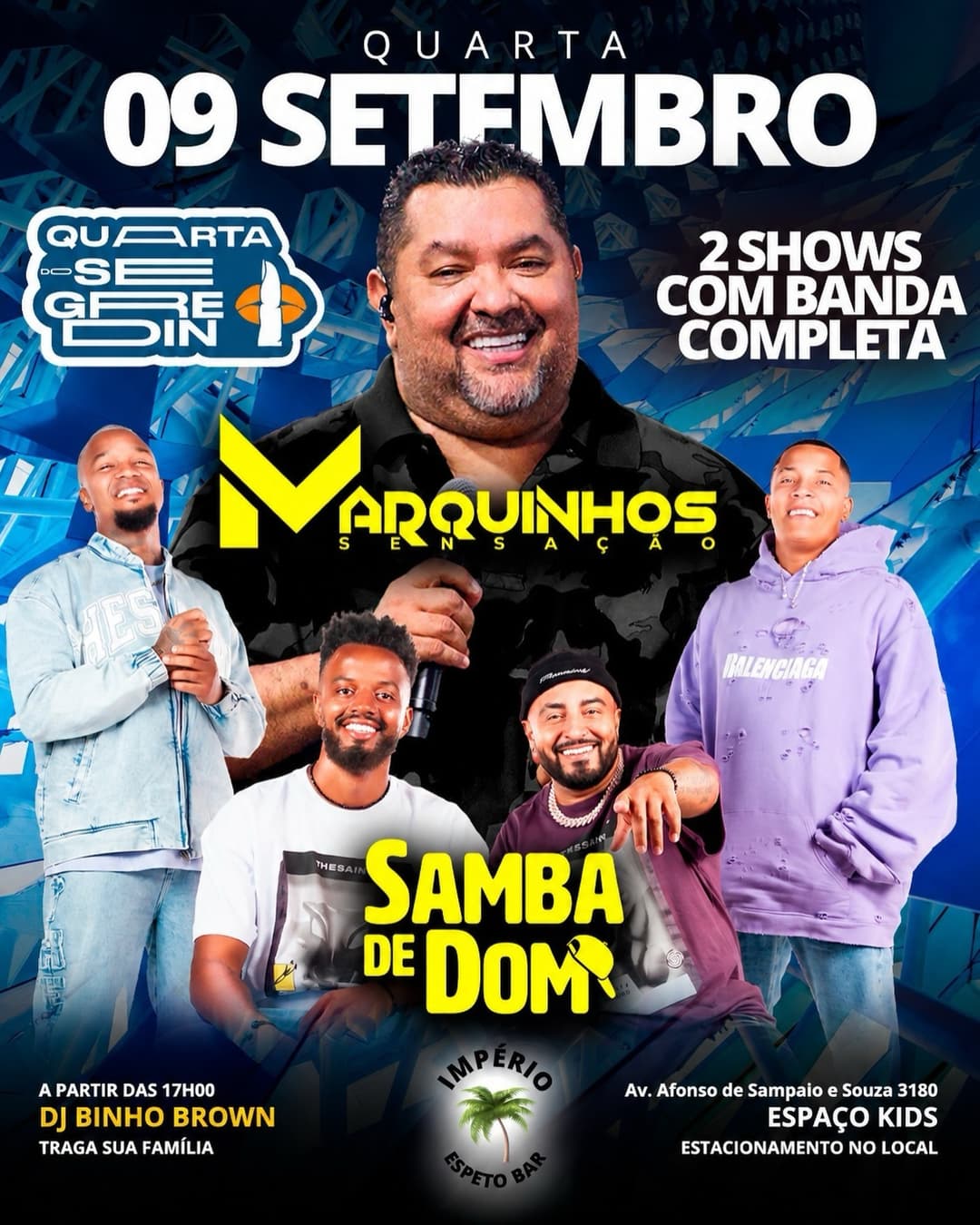 Flyer de DJ Binho Brown, Marquinhos Sensação e Samba de Dom