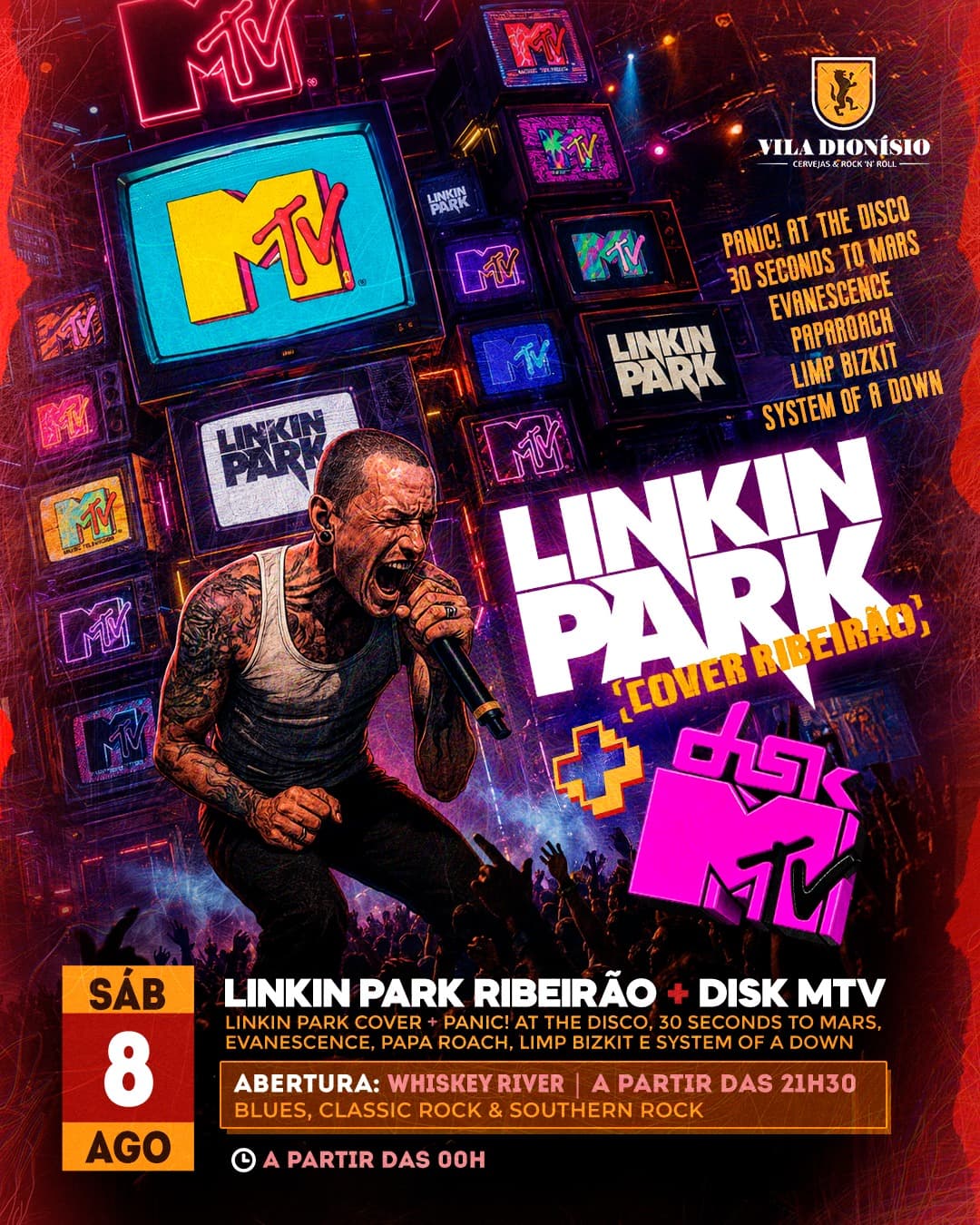Flyer de Linkin Park Cover Ribeirão, DISK MTV e WHISKEY RIVER