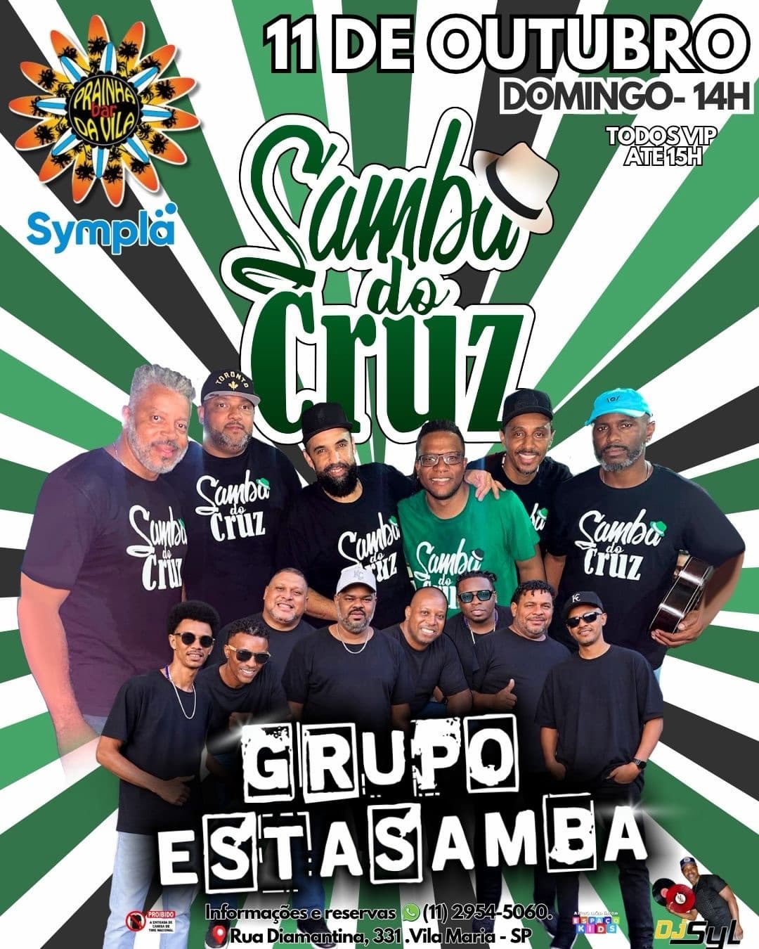 Flyer de Grupo Estasamba, Samba do Cruzeiro, Sambarock e DJ Syl