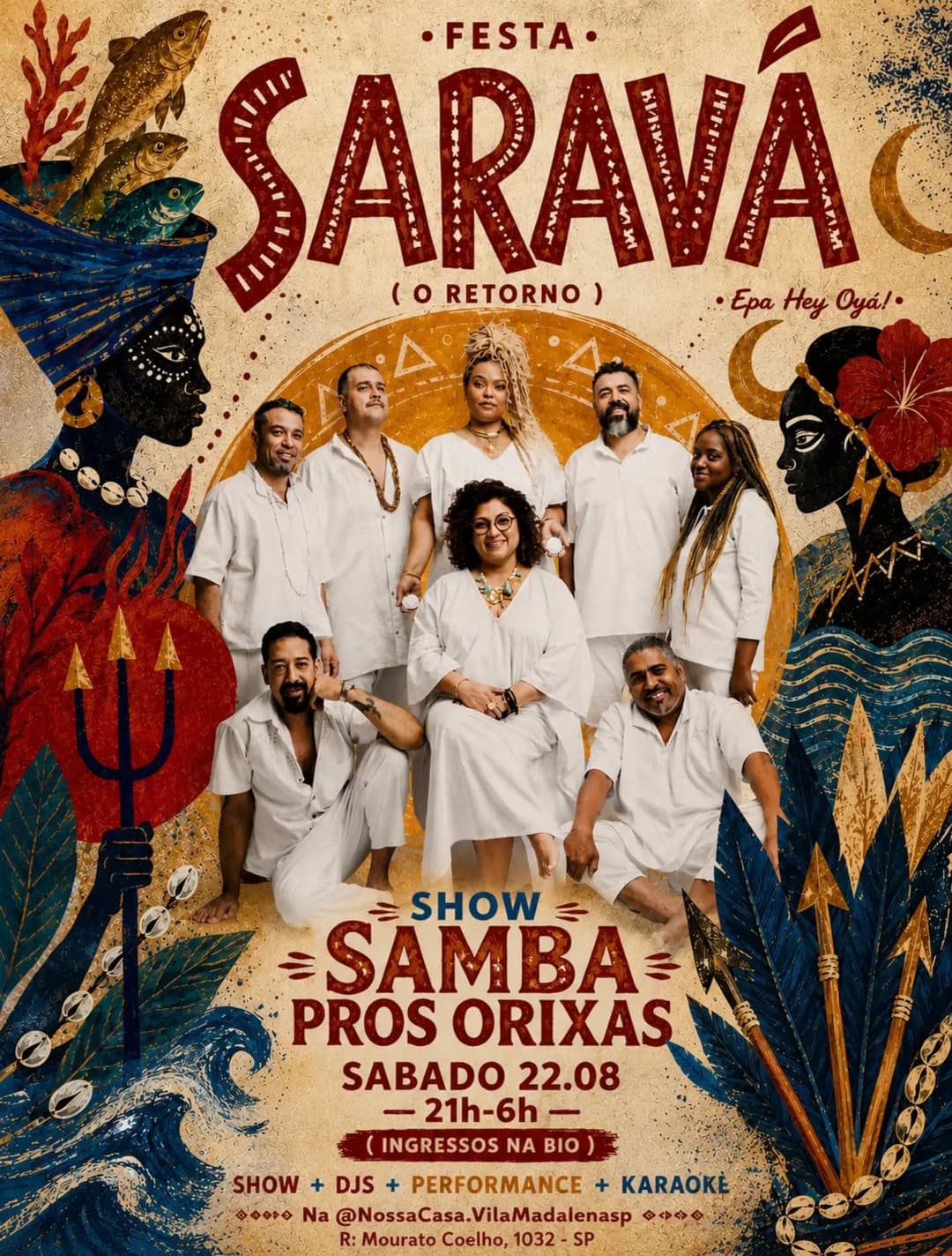 Flyer de Samba Pros Orixás e Marina Caires