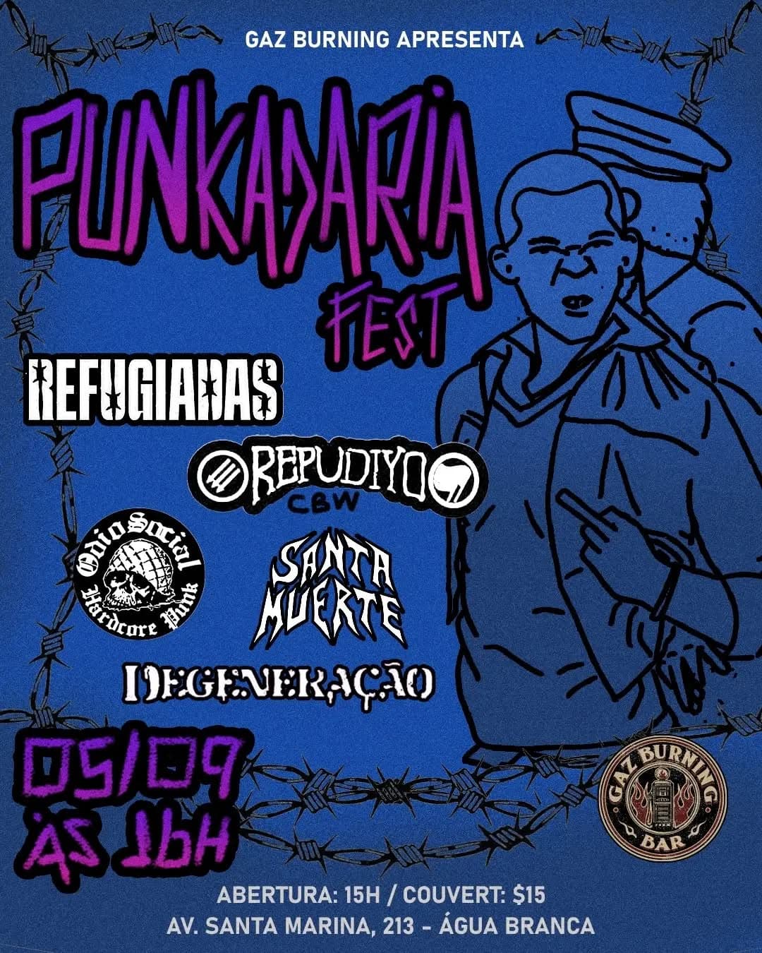 Flyer de Refugiadas Punk, Santa Muerte Band e mais 3 artistas