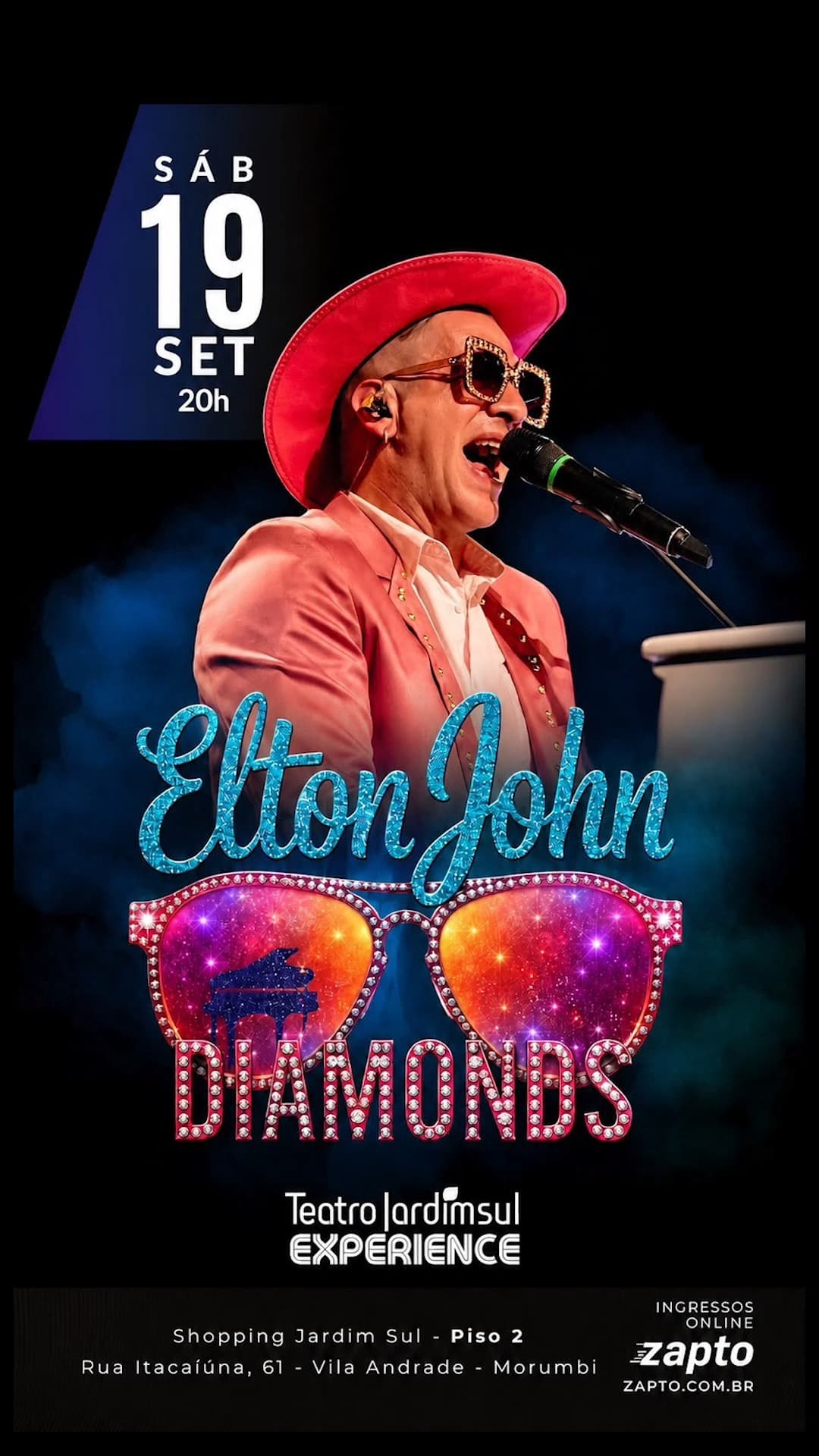 Flyer de Elton John Diamonds, Legacy Tributos e Mizinho Carvalho