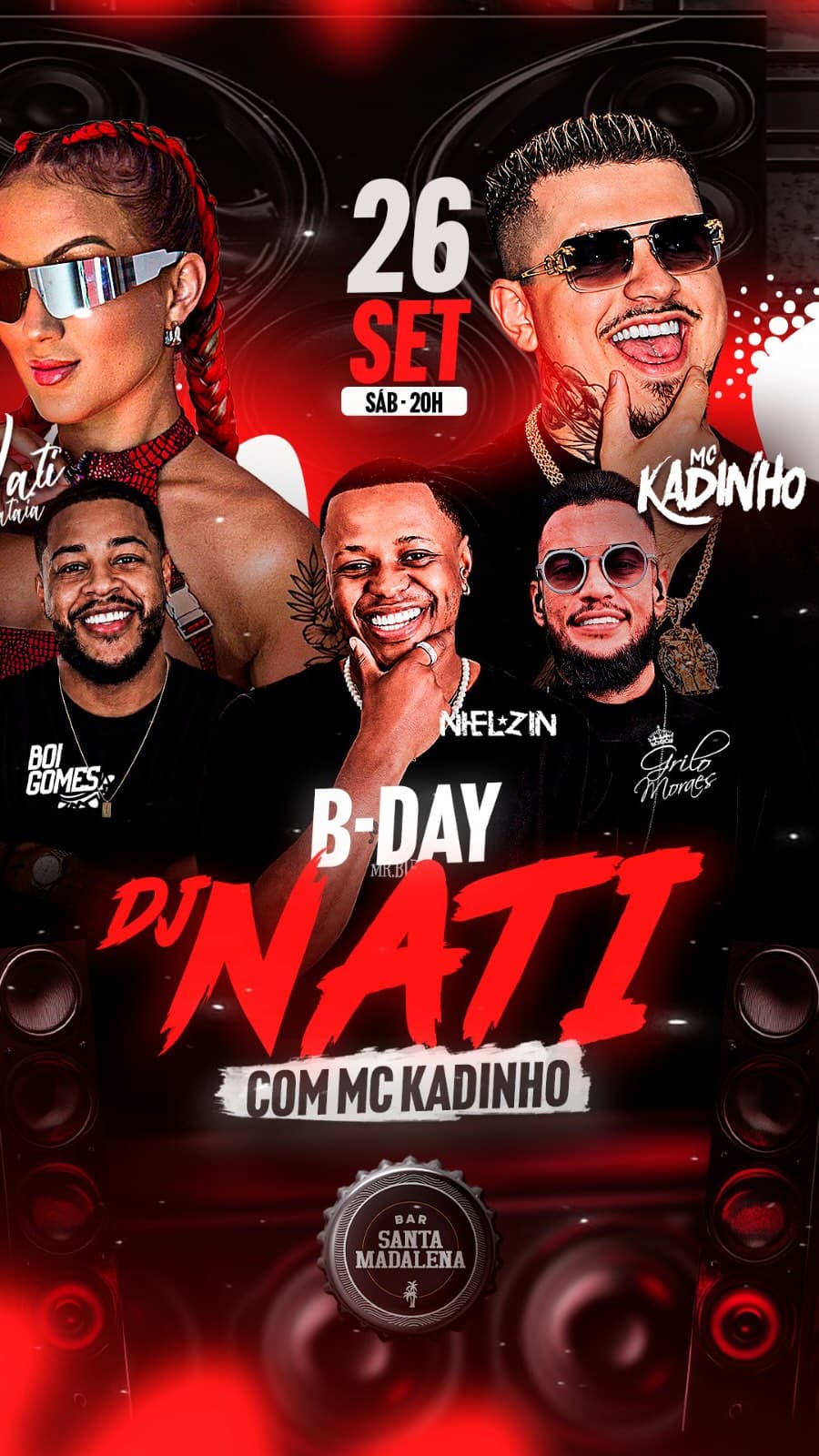 Flyer de Boi Gomes, MC Kadinho, DJ Nati, Nielzin e Grito Moraes