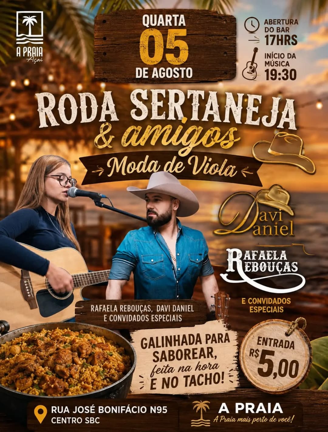 Flyer de Rafaela Rebouças, Roda Sertaneja & Amigos, Davi Daniel, @brunoemarrone e @lucasvidotte
