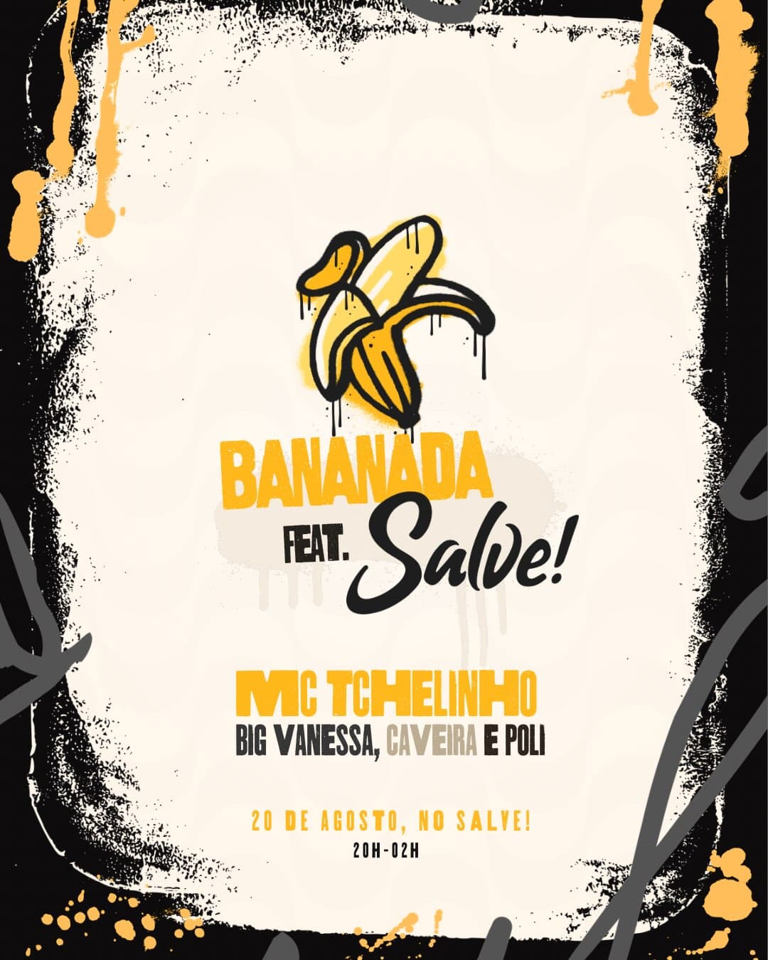 Flyer de DJ Poli, DJ Caveira, MC Tchelinho e DJ Big Vanessa