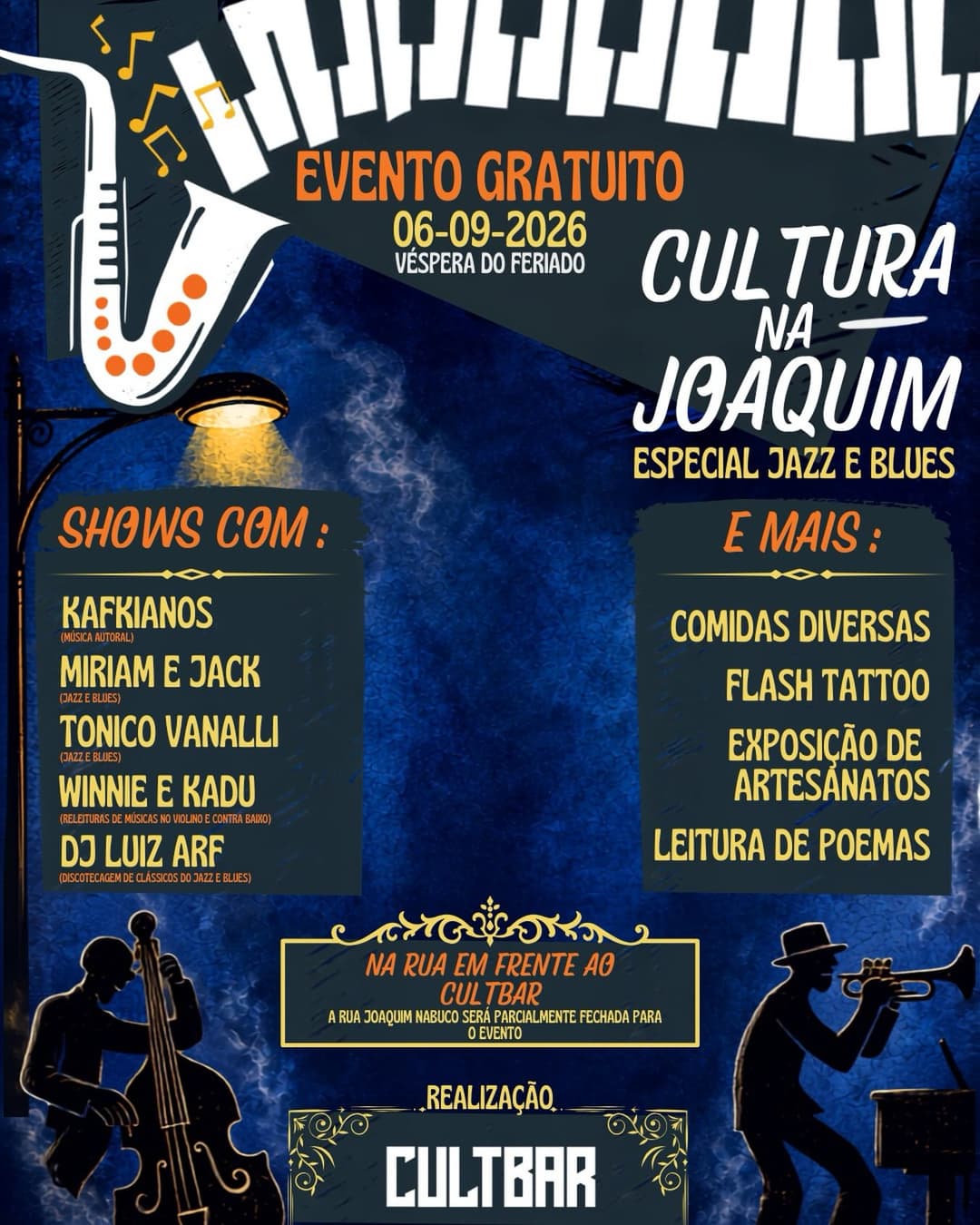 Flyer de Miriam Samorano, Kafkianos, TONICO VANALLI, Winnie e Kadu e DJ Luiz ARF