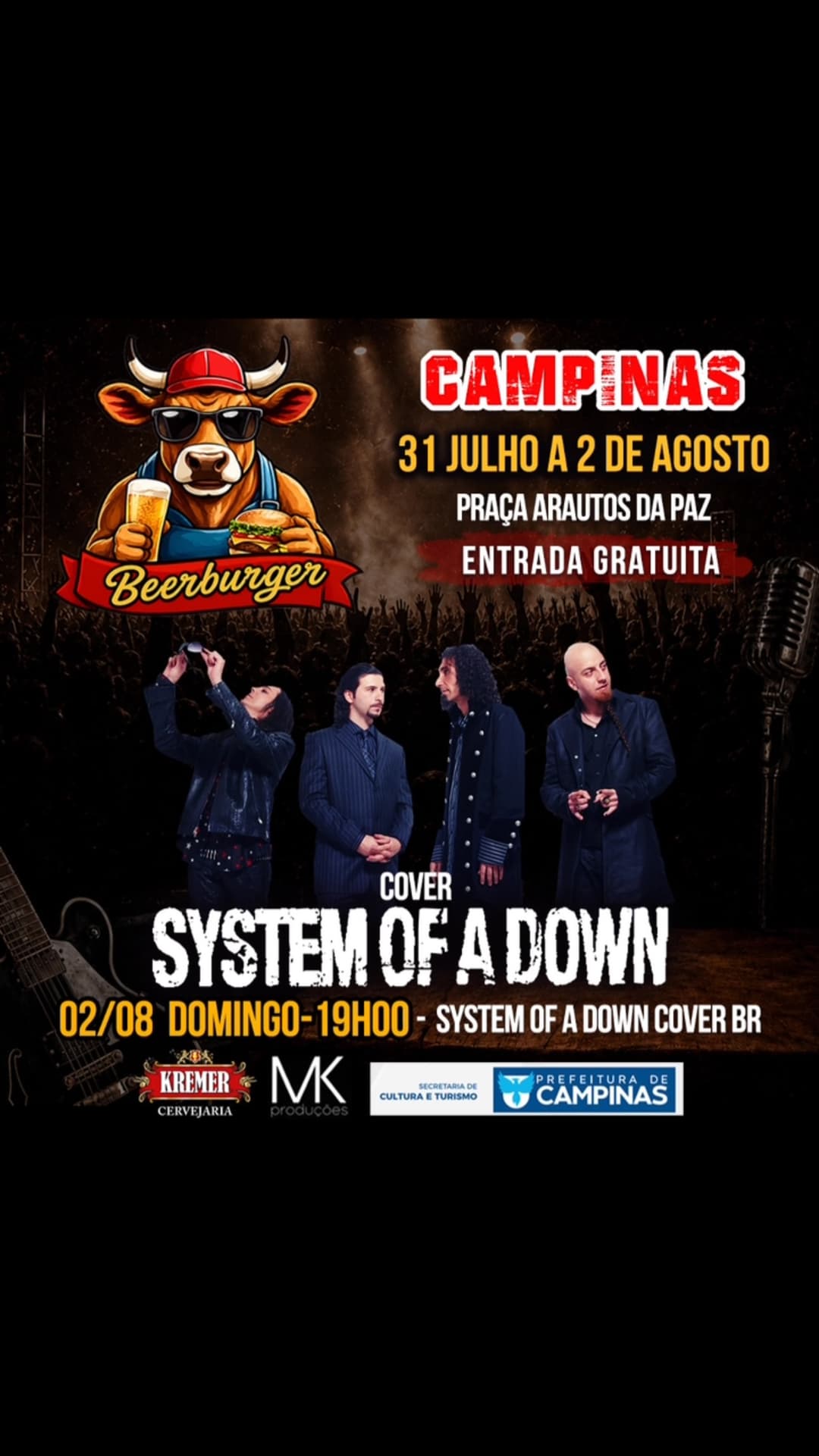 Flyer de System of a Down Cover Brasil, Tributo a Paramore, Indie rock dos anos 2000, Tributo a Foo Fighters e Tributo a Korn
