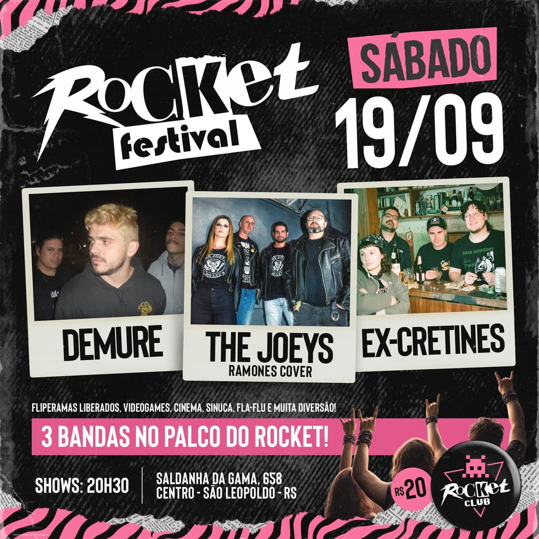 Flyer de Demure, Ex - Cretines, Rocket Festival e mais 1 artista