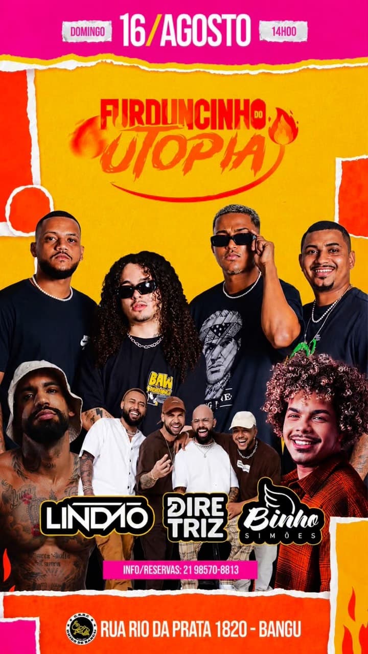 Flyer de Grupo Utopia, Lindão, Diretriz, Binho Simões e Utopia