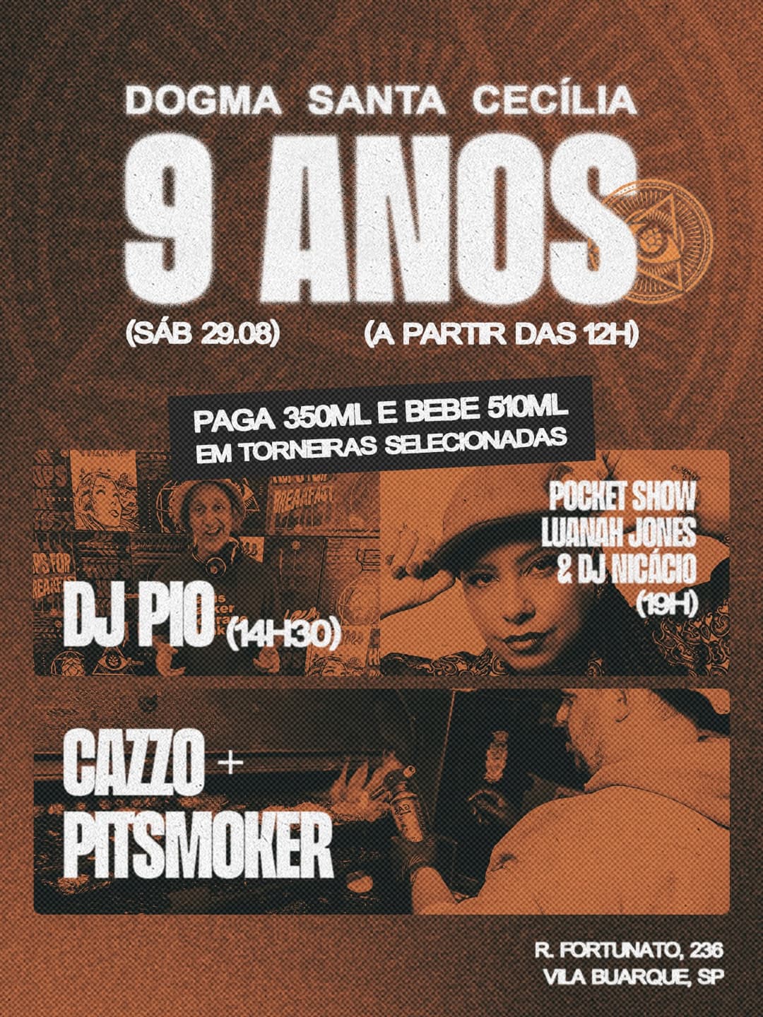 Flyer de DJ Pio, Cazzo, Pitsmoker, Luanah Jones e DJ Nicácio