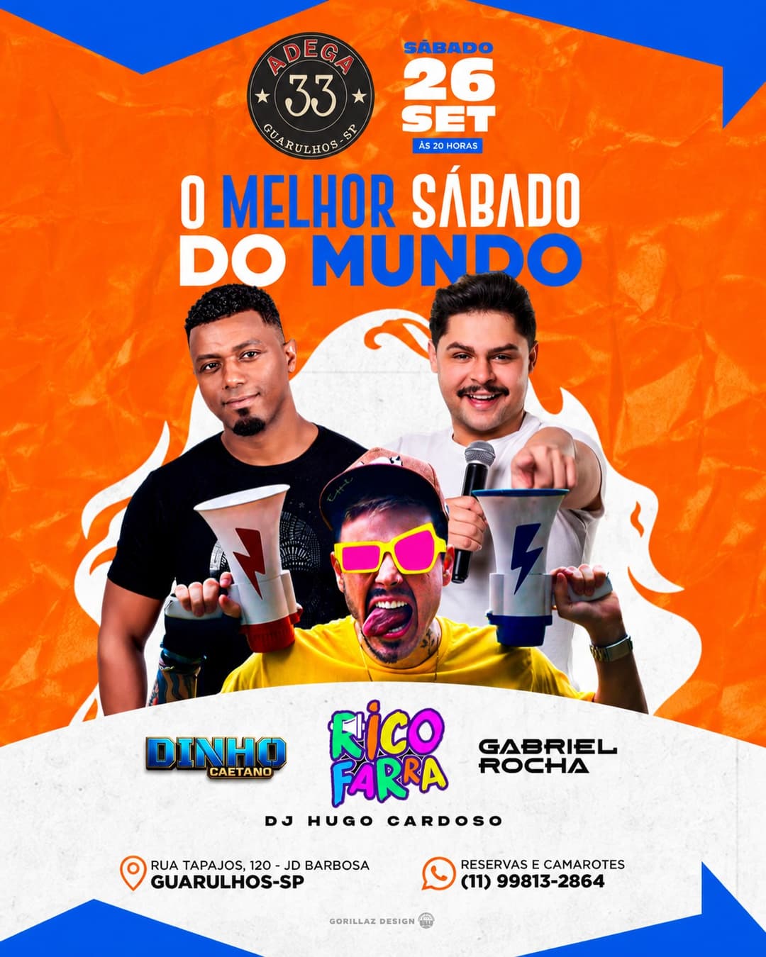 Flyer de Gabriel Rocha, Dinho Caetano e Rico Henrique