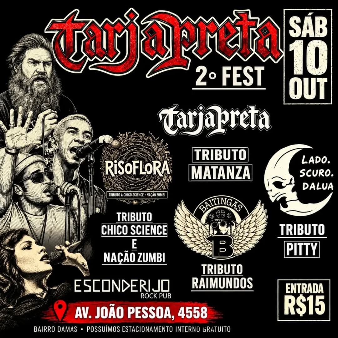 Flyer de Tarja Preta, Tarja Preta, Risoflora e mais 2 artistas