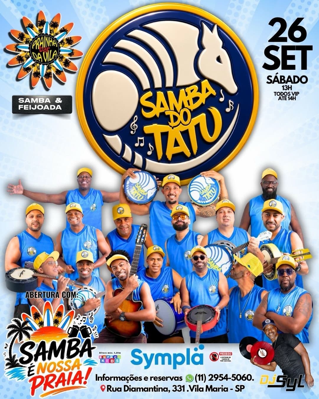 Flyer de Samba do Tatu, Samba É Nossa Praia e DJ Syl