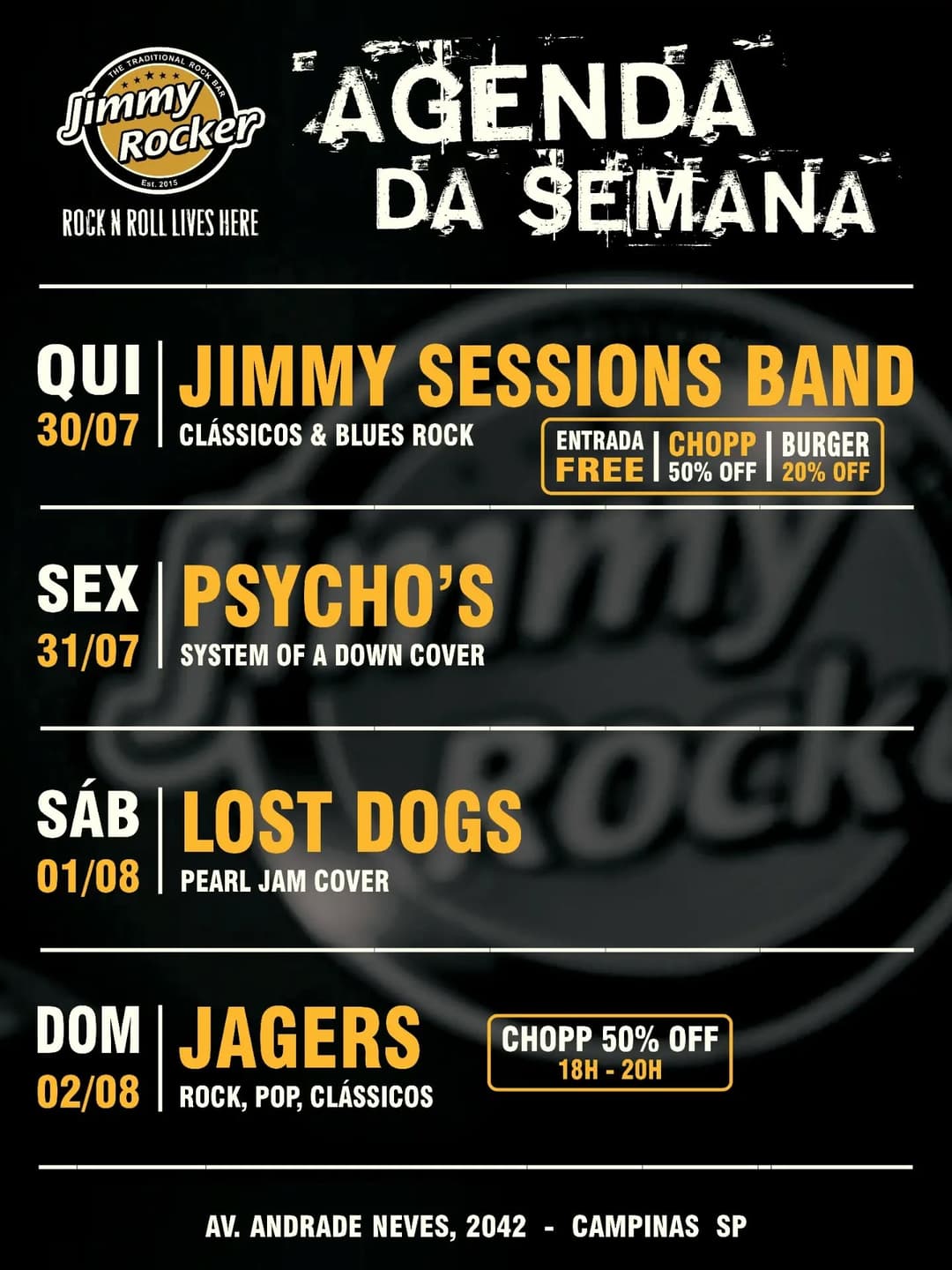 Flyer de Lost Dogs, Jägers Oficial e Jimmy Sessions Band