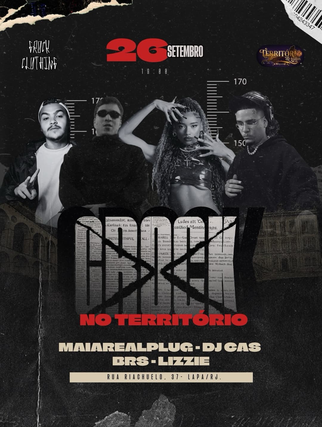 Flyer de Grock Clothing, MC Lizzie, BRS, MaiaRealPlug e DJ Cas