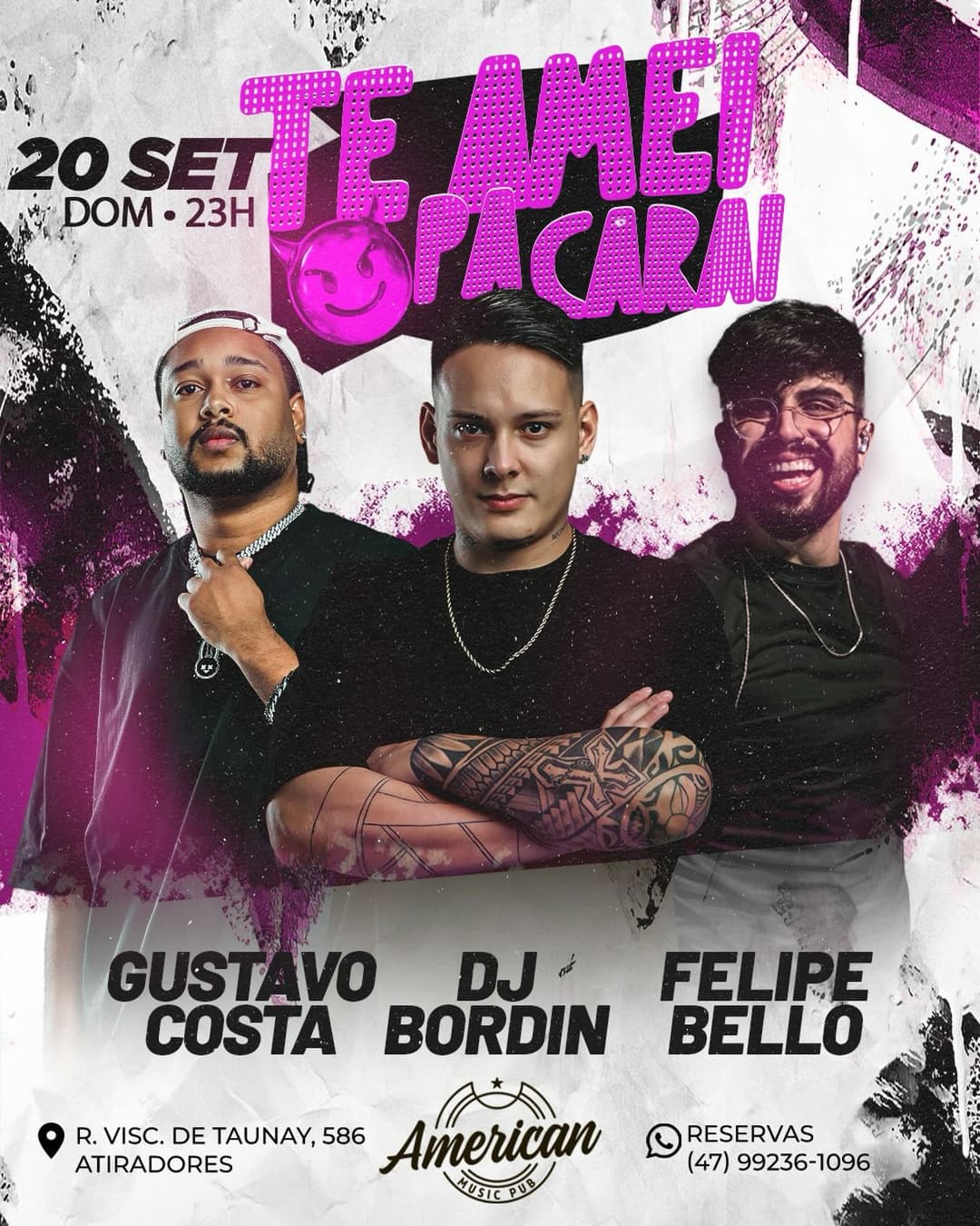 Flyer de Felipe Bello, DJ Bordim e Gustavo Costa