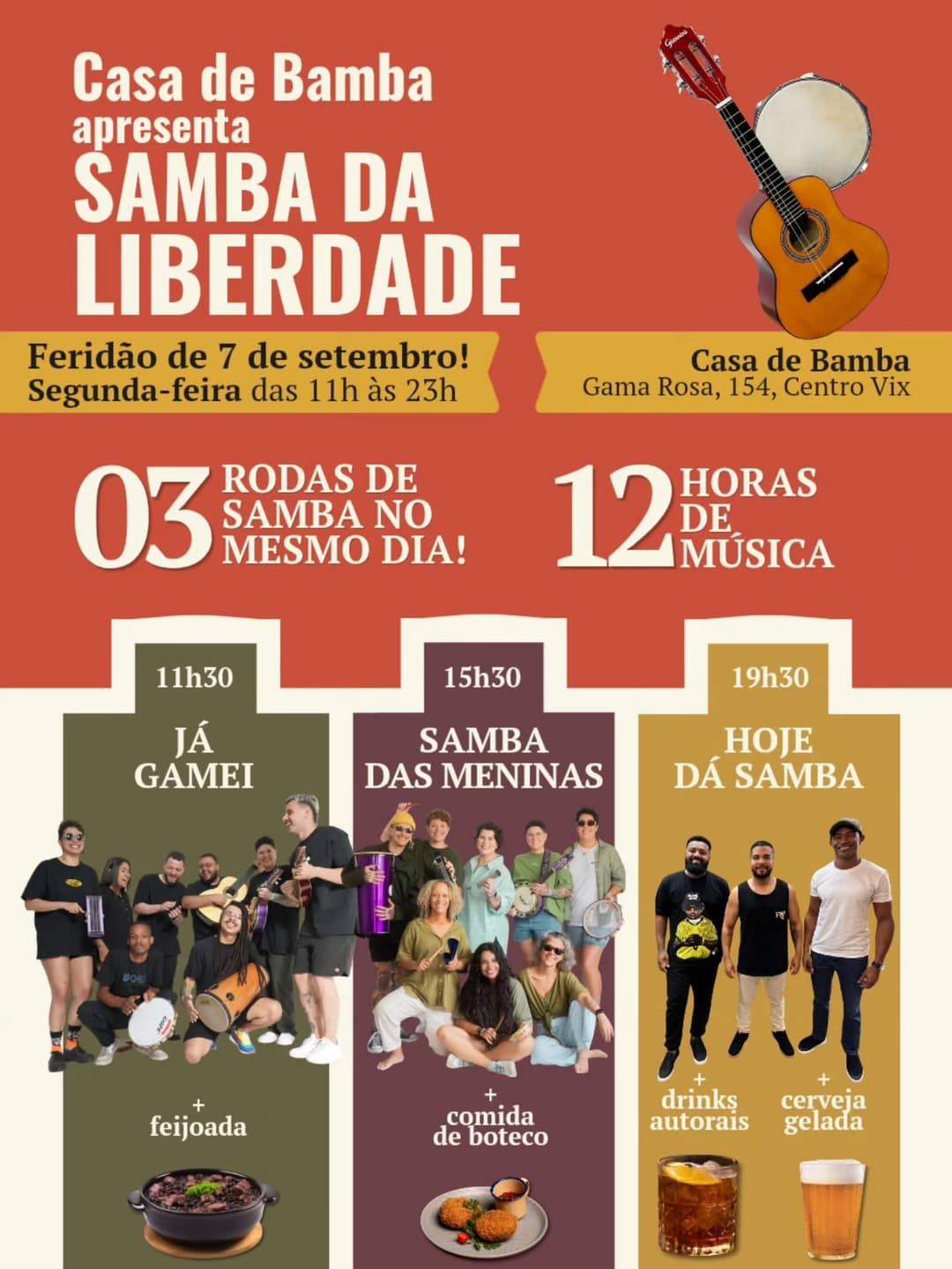 Flyer de Já Gamei, Samba das Meninas e Hoje dá Samba